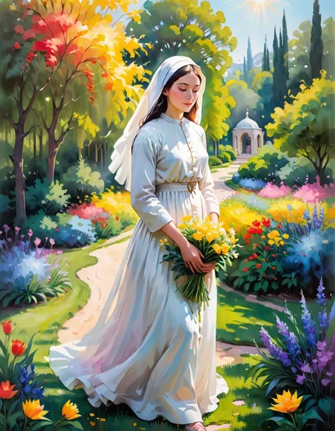 Immerse yourself in the serene beauty of a scene bathed in divine light. Picture a peaceful convent garden, where vibrant flowers bloom and gentle sunlight filters through the foliage. At the heart of this tranquil setting stands a radiant figure – a devot...