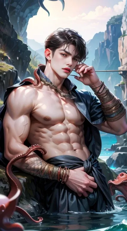 (nonsense, High resolution, very detailed, HDR), Masterpiece, best quality, A drawing of a boy, handsome man with red eyes, detailed face, professional photos, The Arafards entered the battle shirtless., legs open,Lie comfortably on the rocks at the bottom...