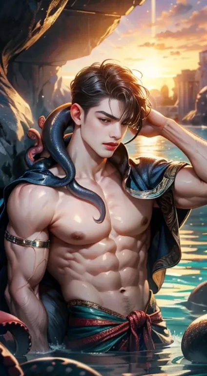 (nonsense, High resolution, very detailed, HDR), Masterpiece, best quality, A drawing of a boy, handsome man with red eyes, detailed face, professional photos, The Arafards entered the battle shirtless., legs open,Lie comfortably on the rocks at the bottom...