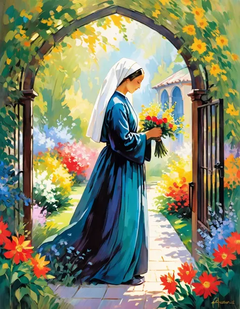 Immerse yourself in the serene beauty of a scene bathed in divine light. Picture a peaceful convent garden, where vibrant flowers bloom and gentle sunlight filters through the foliage. At the heart of this tranquil setting stands a radiant figure – a devot...