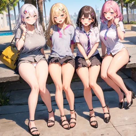 Texture CG, ((Ultra Detail Art)), ((​master piece)), (extremely details CG),Multiple girls,3girls,harem,sitting, school gals ,school gyaru ,((((school unifrom))),skirt ,(((pleated mini skirt)))), white shirt, school bag, bag , beautiful legs, wind lift,((s...