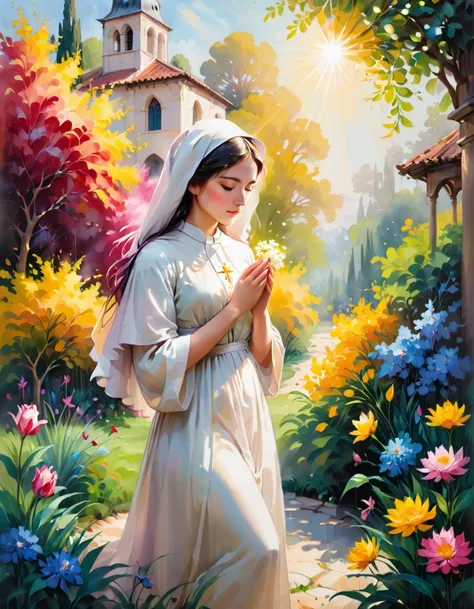 Immerse yourself in the serene beauty of a scene bathed in divine light. Picture a peaceful convent garden, where vibrant flowers bloom and gentle sunlight filters through the foliage. At the heart of this tranquil setting stands a radiant figure – a devot...