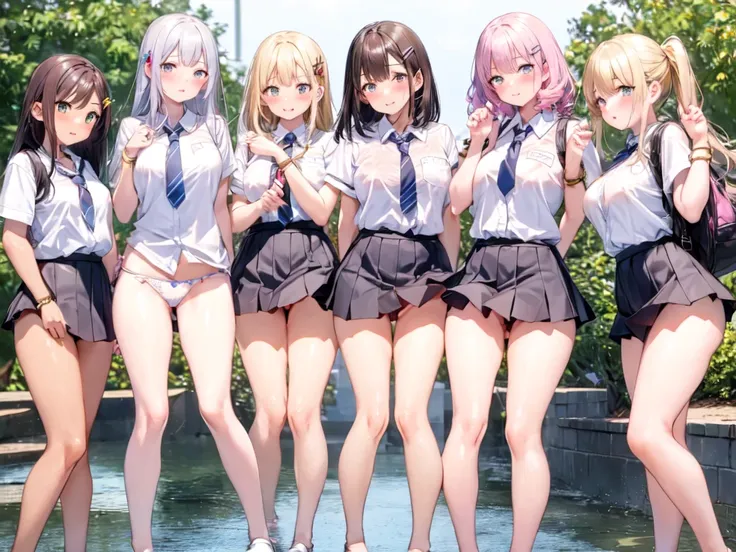 Texture CG, ((Ultra Detail Art)), ((​master piece)), (extremely details CG),Multiple girls,3girls,harem,standing, school gals ,school gyaru ,((((school unifrom))),skirt ,(((pleated mini skirt)))), white shirt, school bag, bag , beautiful legs, wind lift,((...