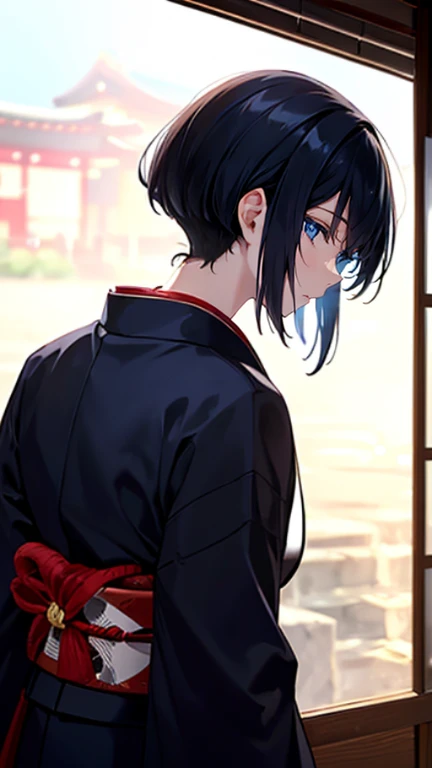 A (masterpiece, of the highest quality, ultra-detailed), featuring short black and navy hair, seen from behind, with the nape of the neck visible, facing away (face not visible 1,5), fair skin, and a traditional Japanese kimono, in a cowboy shot.