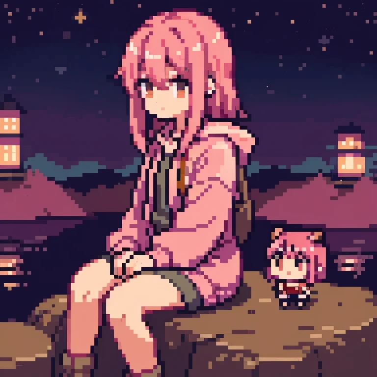 pink hair, medium length hair, brown eyes, girl, warm، pink hoodie, 18 years, night city, asian, outside of city, sitting on a rock, on mountain,japan