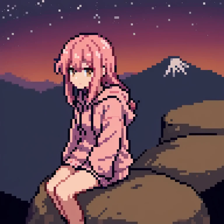 pink hair, medium length hair, brown eyes, girl, warm، pink hoodie, 18 years, night city, asian, outside of city, sitting on a rock, on mountain,japan