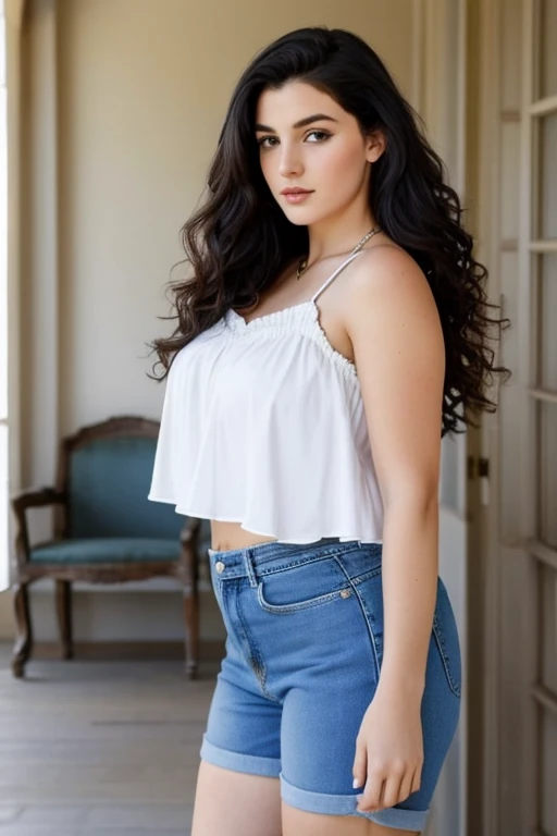 1 fille dans, 19 ans, seulement, Cheveux longs, Colossal , regarder le spectateur, Curly black hair, bare shoulders, yeux bleu, bijoux, tout le corps, un collier, on the shoulders, Chandails debradeur blanc, Realistic, Un sexy, hanches curvy en short de sp...