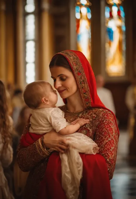 Orthodox Christian regular woman with a  children in her arms, in the Orthodox church