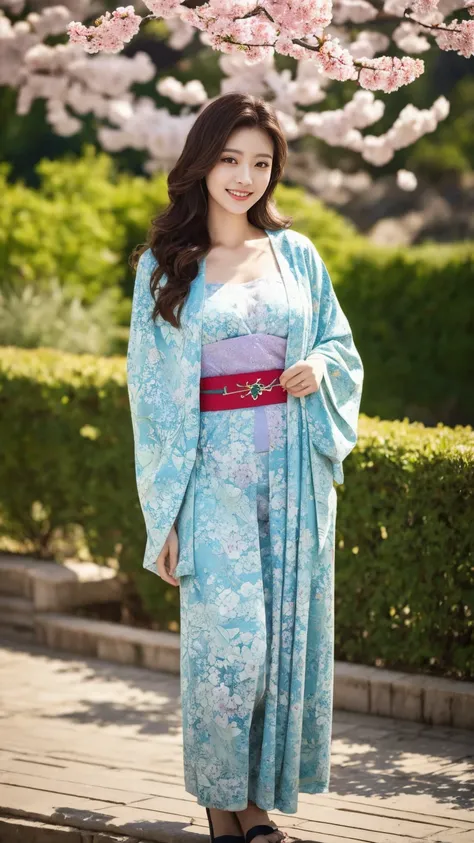 Cherry tree、Colorful kimono、open chest、I&#39;m not wearing anything inside、full body shot、NiziUAYAKA、 ４Ｋ、１people&#39;s women、slender、 Loose wavy styling 、seductive and attractive、Including face and skin texture.，detailed eyes、A soothing expression with a s...