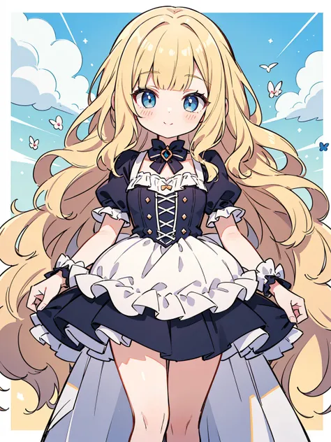 High quality, Ultra detailed, best quality, insanely detailed, masterpiece, beautiful illustrations, highest quality, pretty girl, ((very cute)), ((lovely)), ((sweet body)), 1girl, standing, pastel colour, blonde hair, wavy long hair, (blunt bangs), caucas...