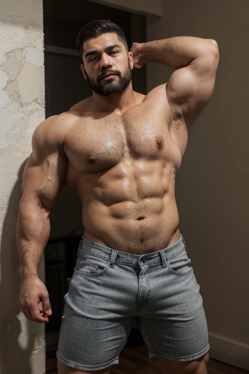 Full body photography man shorts with cinematic light of heavyweight bodybuilder 75kg full muscle, Bigote grueso y trozo chino barbudo, hombre muy guapo., parte superior del cuerpo sin camisa，perfect body ratio, volteado de espaldas, huge and bulging eroti...