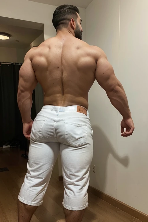 Full body photograph from the back, man heavyweight bodybuilder cinematic light shorts 75kg full muscle, Bigote grueso y trozo chino barbudo, hombre muy guapo., parte superior del cuerpo sin camisa，perfect body ratio, , huge and bulging erotic pectoral, hi...