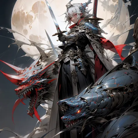 anime style, silver hair, knight, Wearing red and silver armor,Holding a huge sword, Blue dragon horn, clear eyes, big moon, lightning,Silver gloves,