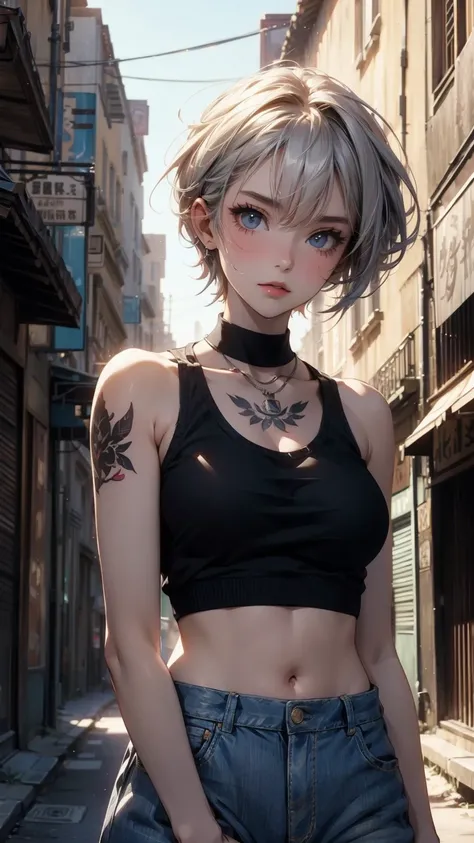 (masterpiece, High resolution, highest quality), ((20 year old woman, Composition from head to stomach, upper body focus)), Look up, looking up at the sky, detailed eyes, Tank top :1.3, Floral tattoos covering the neck and arms:1.2, Asymmetrical punk short...