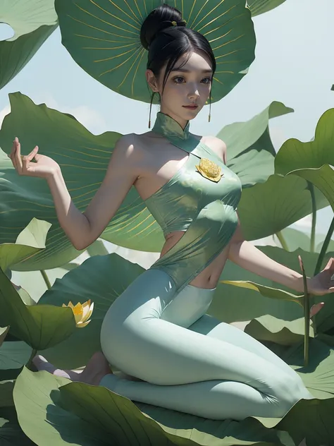 1girl, solo,（lotus），yoga pants，lotus leaf fairy，anatomically correct，ultra-clear，masterpiece，3d，skin texture，realistic，gorgeous ...