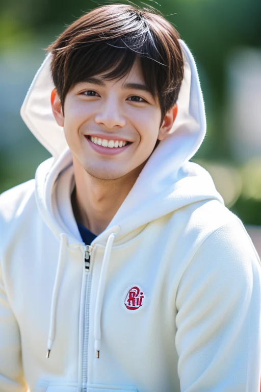 (8k, RAW photo, best quality, masterpiece:1.2), (realistic, photo-realistic:1.4), (extremely detailed 8k wallpaper),bishounen,1 man, 25yo,japanese,white hoodie,smile,home