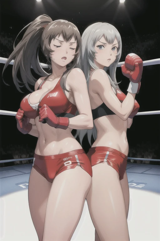 Two women facing each other、Boxing gloves collide from the left and right.、Flames go up！