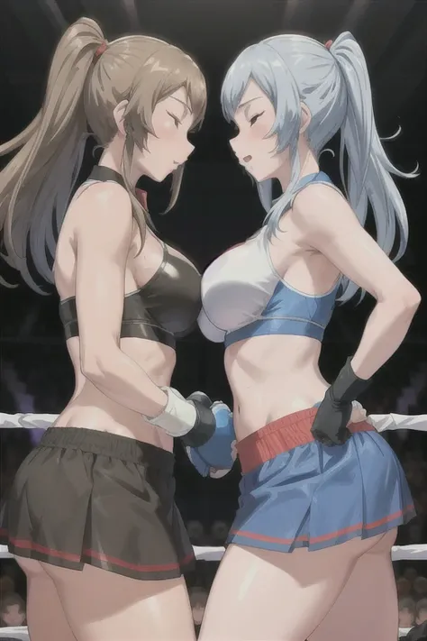 Two women facing each other、Boxing gloves collide from the left and right.、Flames go up！