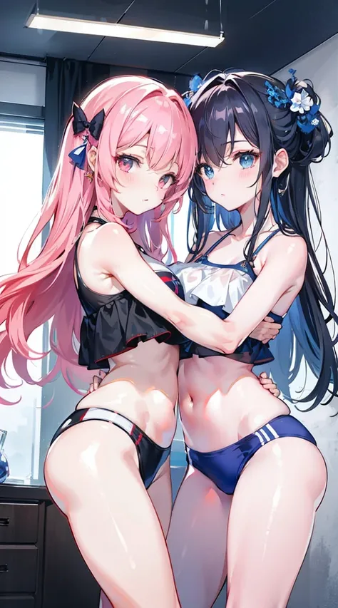 ,twin, masterpiece,best quality,official art,Extremely detailed CG unified 8k wallpaper, 2 girls, cute female , Yuri, hair accessories,  , crop top,  swimsuit