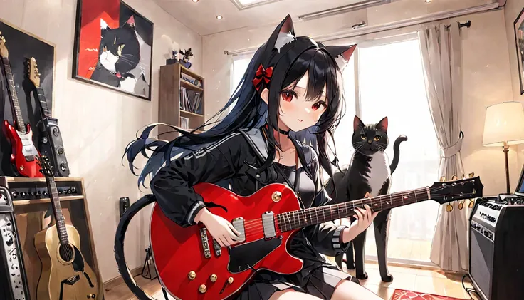 （one girl）、Cat ear、playing the guitar、red guitar、Accurately shaped guitar、music room、vocal woman、Woman with long black hair、