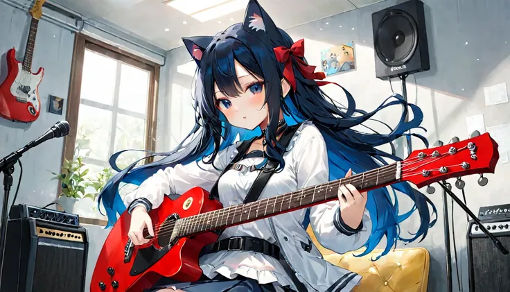 （one girl）、Cat ear、playing the guitar、red guitar、Accurately shaped guitar、music room、vocal woman、Woman with long black hair、Blue Hair Girl