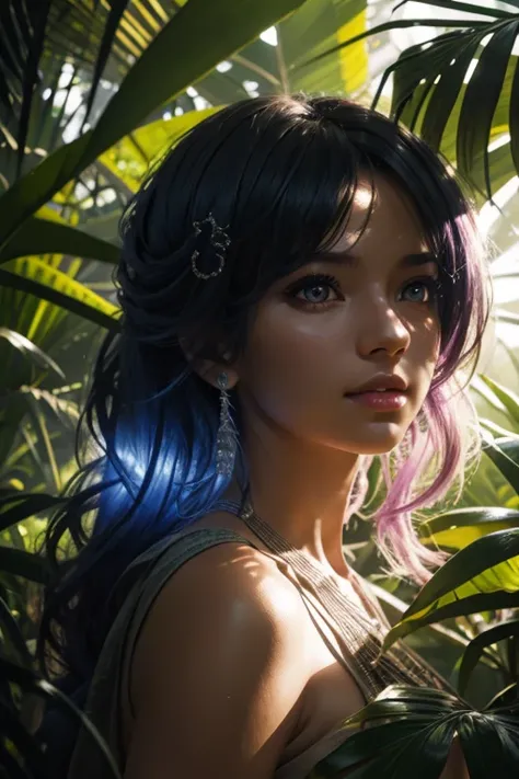 fantastic girl in the jungle, close-up, ultra-detailed, fabulous lighting, photorealistic, bright colors, volumetric rays of light, hdr.

