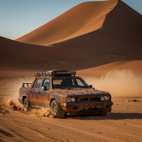 desert　Dirty air background　Ugly、A huge tank, carelessly modified　Rusty metal parts　tire　