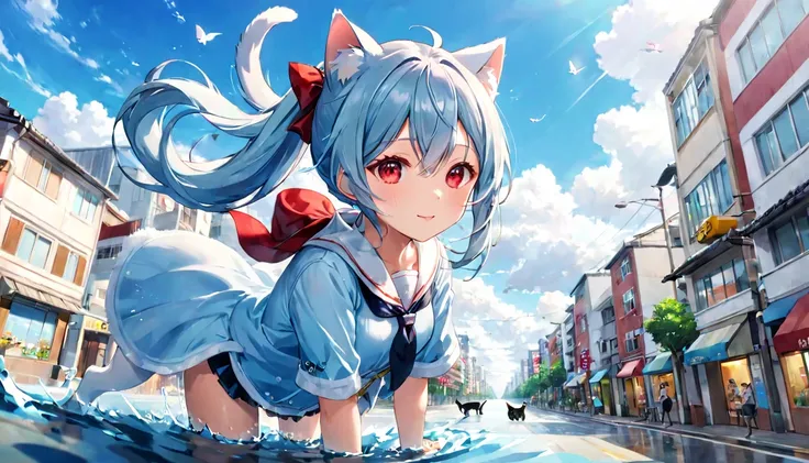 （one girl）、Cat ear、In the middle of the city road、ponytail woman、Light blue hair、Watery eye、A faint smile、red cheeks、Girl flying in the sky