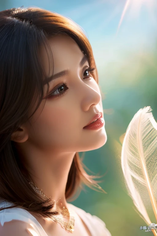 Masterpiece, top quality, 8K, realistic, realistic, very detailed CG, glossy skin, perfectly focused, heaven, glory of god, shining, angel, blessing, happy, classy, angel circle, feather,