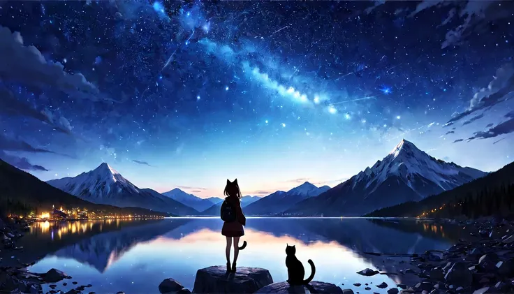 （one girl）、Cat ear、big lake、High altitude mountain、A devastating sight、night、A beautifully shining star