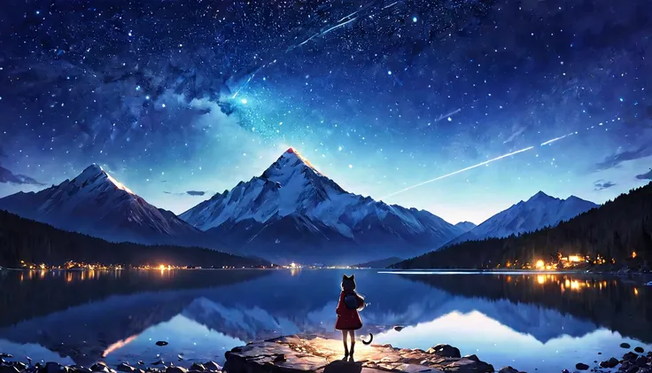 （one girl）、Cat ear、big lake、High altitude mountain、A devastating sight、night、A beautifully shining star