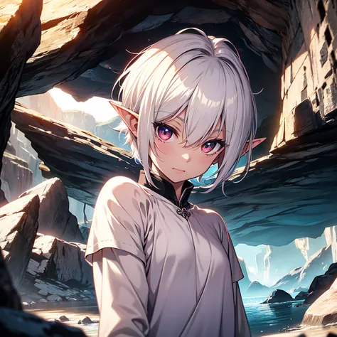 cute girl、hair is white、very short hair:1.8、Elf ears、eyes are red、naked、inside the cave