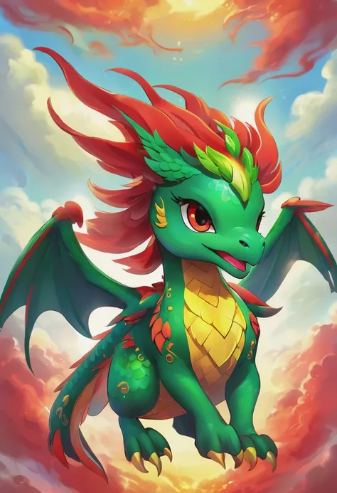 sky , green dragon , red pheonix , cute , chibi , fun 