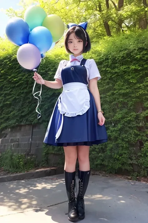 balloon seller girl, a 14 years old girls, (((she is having a blue balloon))) , real photo, (((full body))), (looking down at me...