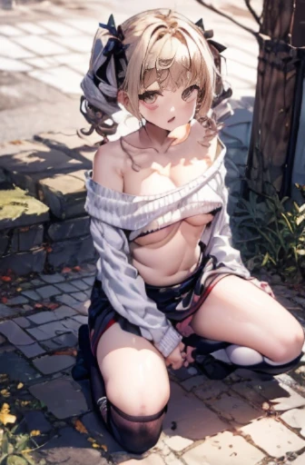 outside，真from belowのアングル，Chubby body type，short hair，twin tails，off shoulder，tube top sweater，look away，正面ややfrom below見上げるカメラアングル、wear black stockings，squatting down，open your legs，I can see the underboob，Exposing the skin of the underboob，tube top sweater...