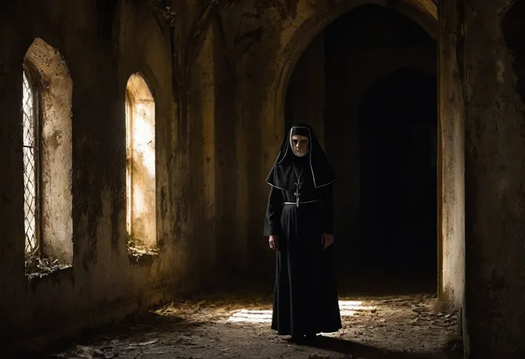 Generate an image of a frightening nun standing in a dimly lit hallway of an old, abandoned church. The nun should be wearing tattered, black robes with a pale, ghostly face. Her eyes should glow with an otherworldly light, and she should be holding a flic...