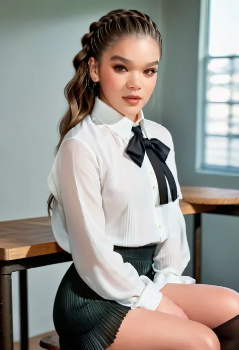 hailee steinfeld, (haistei), (wearing extremely short pleated skirt, tight white shirt, thigh socks, platform high-heels), slend...