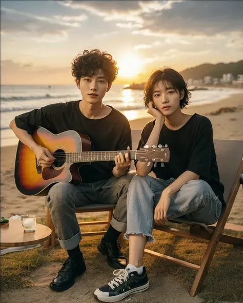 High angle camera, a Korean man with curly hair sitting on a sofa, an old burnt sofa, reading a book, relaxing, on the beach, calm atmosphere with the sunset, sitting facing the beach on the grass, cinematic portrait, advertising shoot, looking at the came...