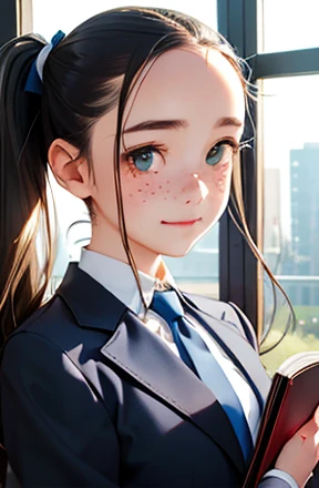 highest quality、realistic、Japanese、girl、zoom、look up、cute、green eyes、Pigtails、freckles、chestnut hair、all back、The forehead is out、classroom、gray blazer、white blouse、blue tie、holding a book、A big smile、bust shot、slender、small breasts