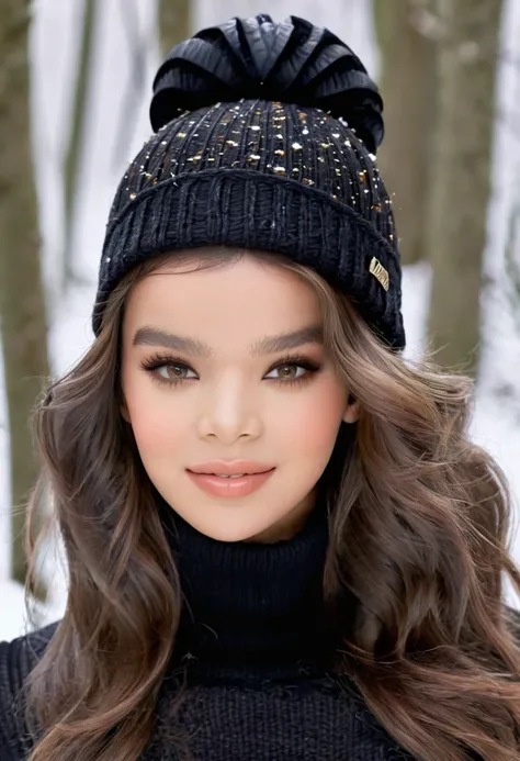 Hailee Steinfeld (HaiStei), gorgeous woman, long wavy hair, wearing a tight wool turtleneck sweater, a bonnet on the head, tight leather leggings, Ugg boots, 30 years old, she is a playboy magazine model, sexy poses in snowy forest, ruffled lips, flirtatio...