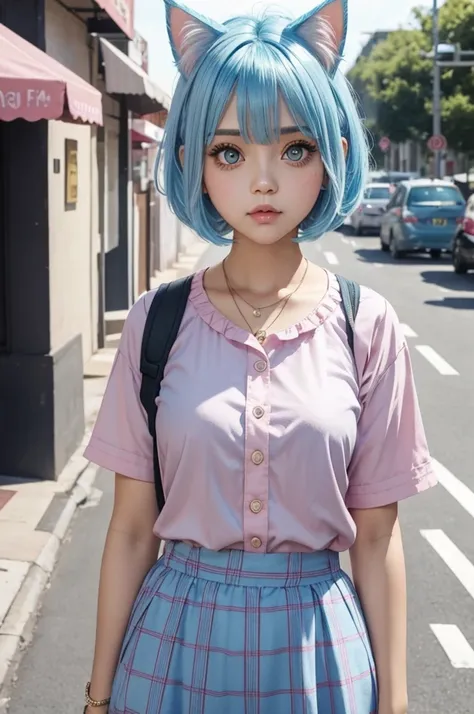 light blue hair　short bob　big eyes　pretty girl　Pink checked outfit　Cat ear　