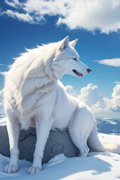 A white wolf,with blue eyes,resting on a cloud