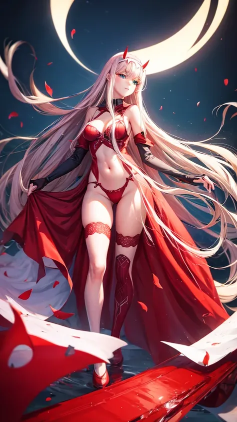 Anime girl, Zero Two, 002 from Darling in the franxx (best quality,4k,8k,highres,masterpiece:1.2), ultra-detailed, (Anime art style, :1.37), portraits, solo, one_girl, long_hair, beautiful_detailed_horns, pink_hair, stunning_breasts, delicate_hairband, enc...