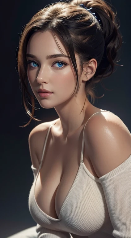 very high resolution, masterpiece, best quality, perfect shiny skin, very thin white sweater, looking at the viewer, bare shoulders, no bra ((big breasts; 1.5)), exposed cleavage, blue eyes, sharp face, sharp eyes, ((Dark background)), open the mouse, pony...