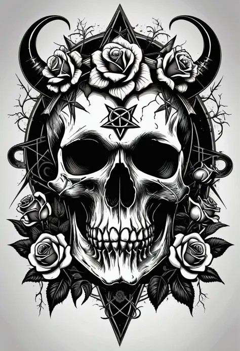 a black and white drawing of a skull with roses and a pentagram, highly detailed dark art, dark art style, occult art, dark art,...