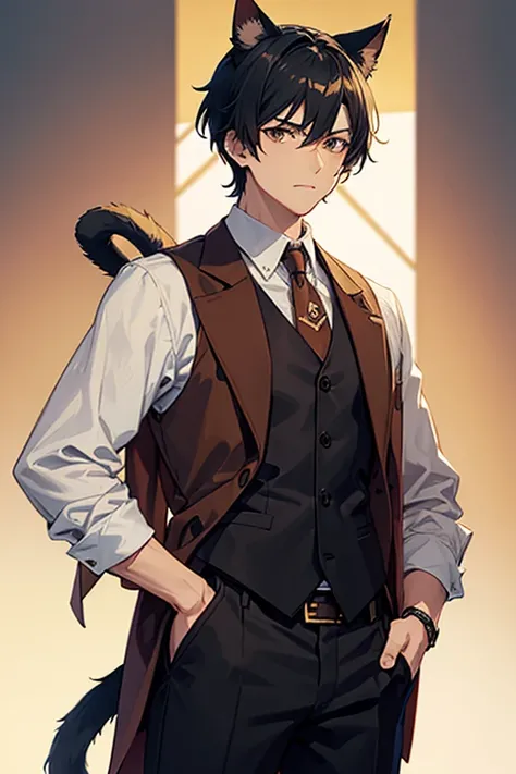 Man, anime, wearing a brown vest suit, has cat ears and tail, has shoulder holster, black hair, brown eyes, short hair style, best quality, vintage background
