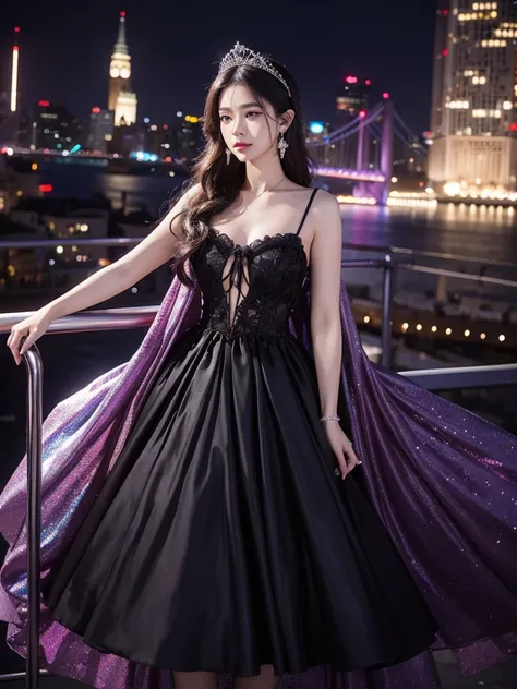 Creates an image of a woman wearing a flowing dress.. Her hair has multicolored highlights., And she accessorized with crystal earrings and a tiara.. This dress is designed with a gradient pattern., surrealism, Shows influence from various art styles, incl...