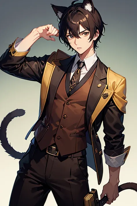 Man, anime, wearing a brown vest suit, has cat ears and tail, has shoulder holster, black hair, brown eyes, short hair style, best quality, vintage background
