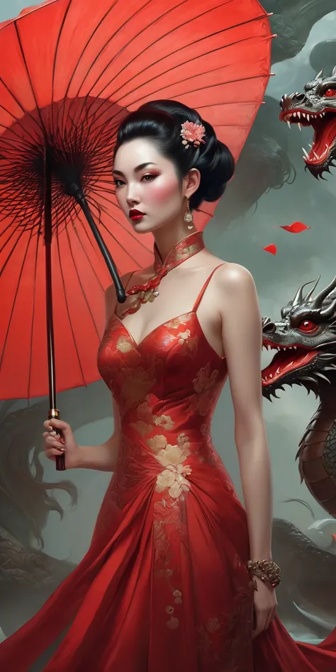 wearing a red dress、A dragon and a woman holding a red umbrella, then martin, Tom Bagshaw Style, karol bak style, then martin artwork portrait, beautiful digital artwork, Tom Bagshaw&#39;s art style, Art style Tom Bagshaw, James Jean and Wallop, Natalie Sh...