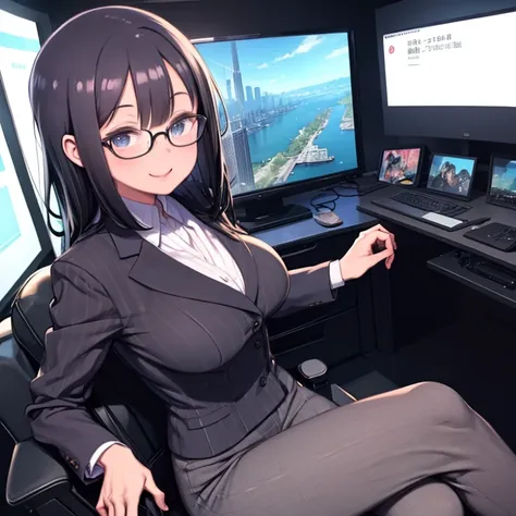 masterpiece, highest quality、Medium wide shot、cowboy shot、mature woman、looking at the viewer、announcer、black hair、glasses、tv studio、news program、wearing a suit、sitting in a chair、smiling、table、big breasts、